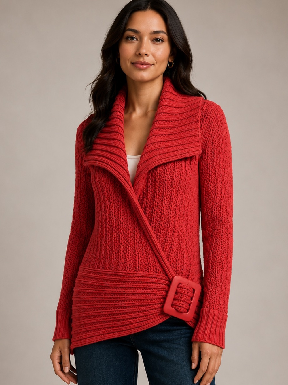 Cache coral Chunky Knit Belted Shawl Collar Sweater size M
